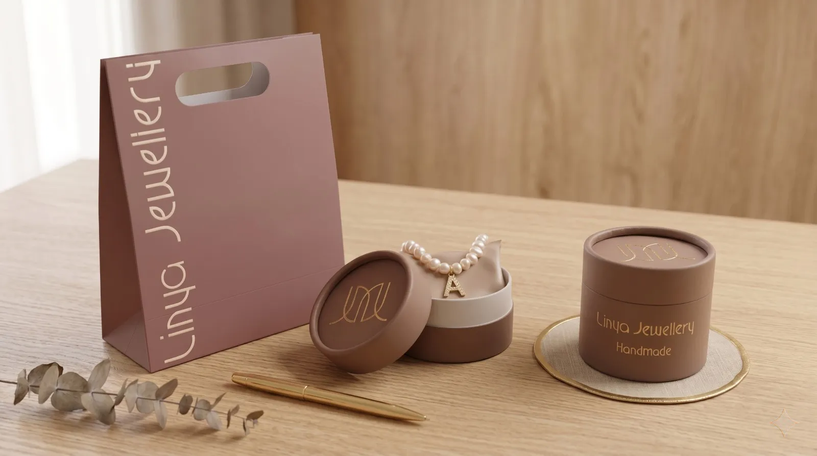Linya Jewellery pudra rengi hediye çantası, logolu silindir saklama kutusu ve içindeki harfli inci kolye