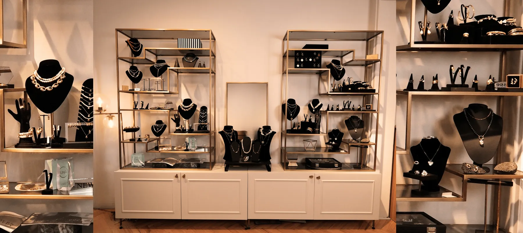 Linya Jewellery Etiler showroom - el yapımı gümüş ve inci takı vitrini