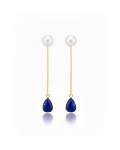 İnci Küpe Lapis Lazuli Taşlı - 925 ayar gümüş, 22 ayar altın kaplama, 8.8 gr
