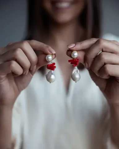 Kırmızı Mercanlı Barok İnci Küpe model üzerinde, 925 ayar gümüş, 3.67 gr