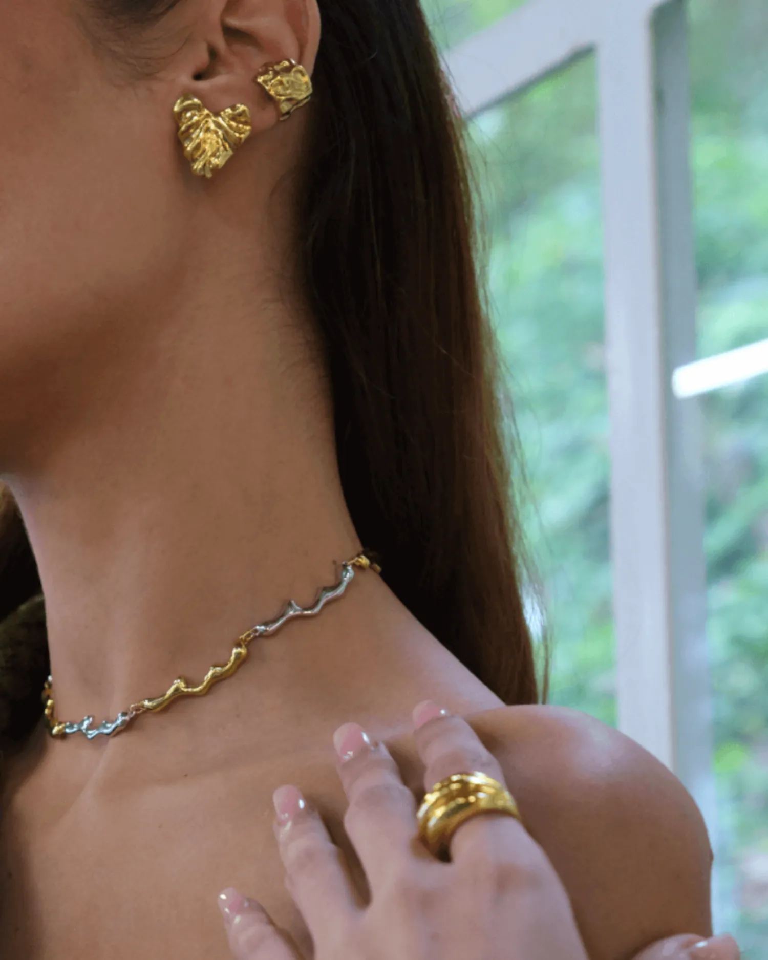 Dery Damla Choker Kolye Çift Renk kombin görünümü, 925 ayar gümüş, 32 cm