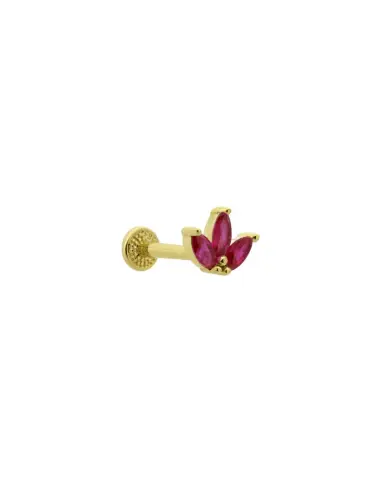 14 Ayar Altın Tragus Piercing Kırmızı Üç Taşlı Çiçek, 0.27 gr